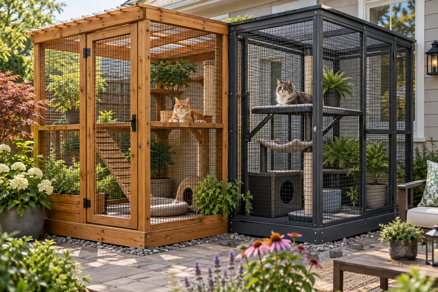 Comparación visual de estructuras de catio de madera y metal.