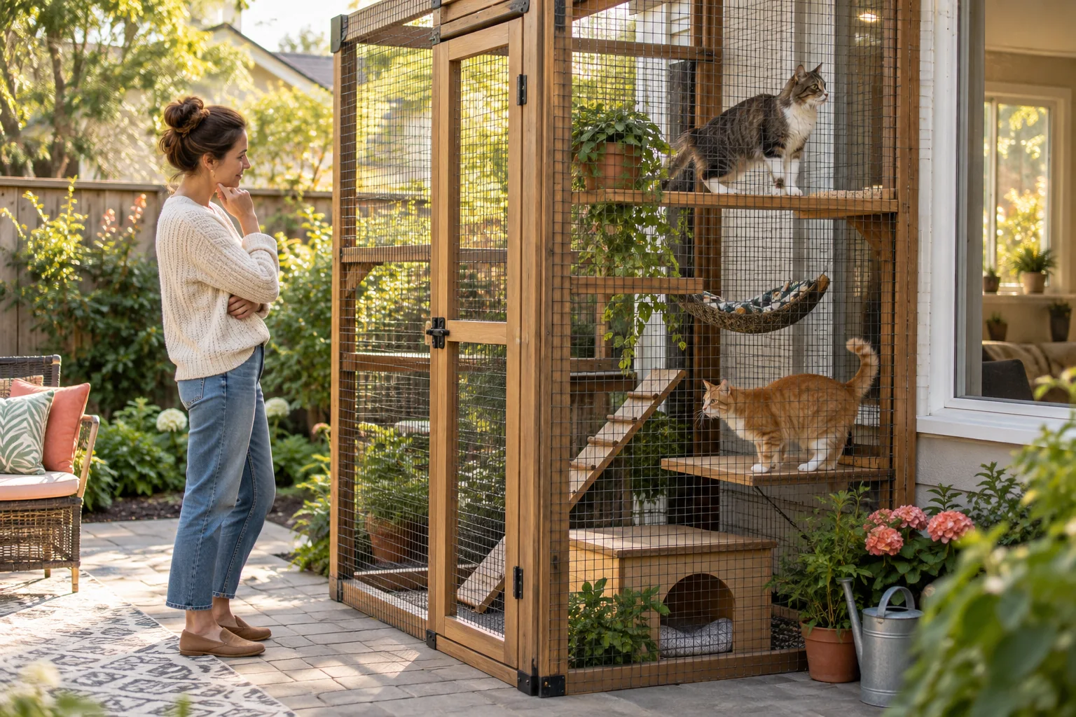 Dos gatos utilizan distintos niveles de un catio de madera en un patio.