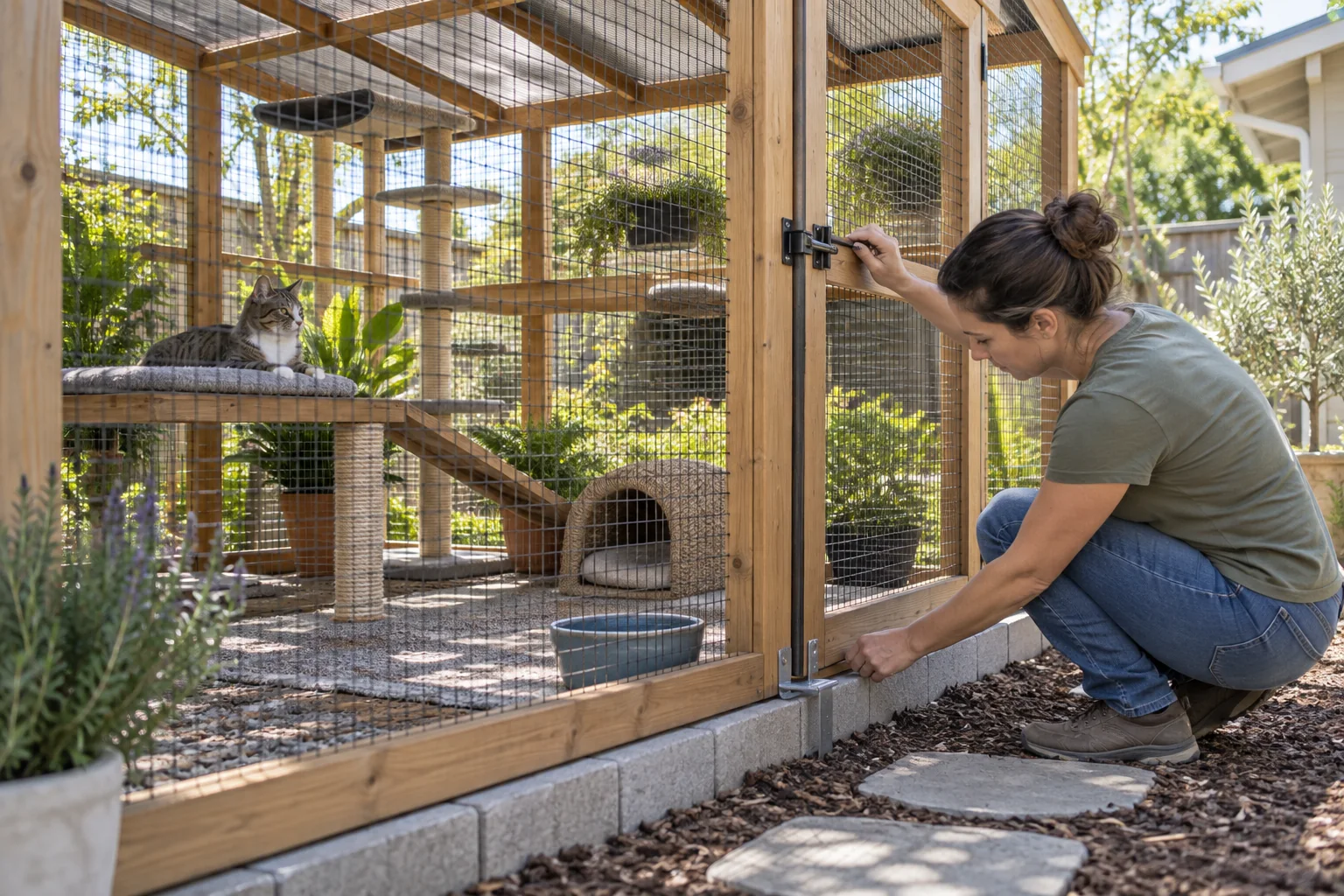 Persona revisando el cierre y el anclaje de un catio con sombra.