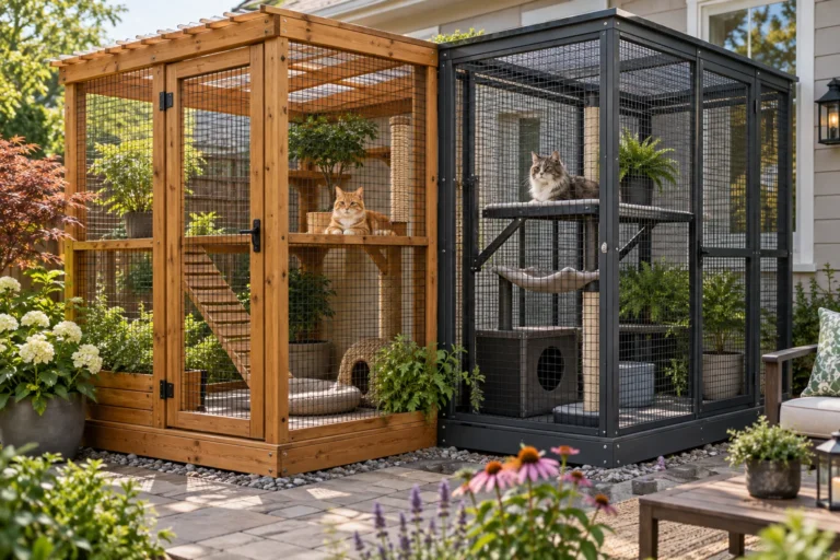Comparación visual de estructuras de catio de madera y metal.