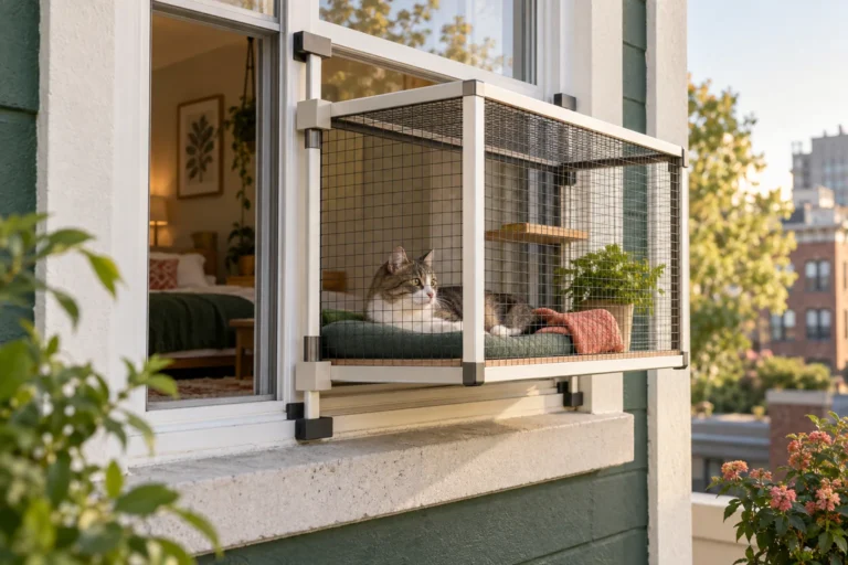 Gato descansando dentro de un catio compacto instalado en una ventana.