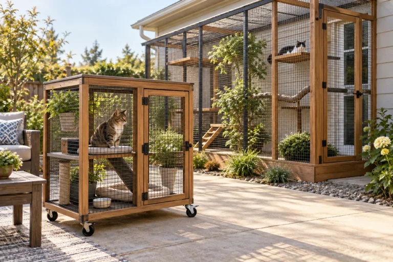 Comparación entre un catio portátil y un recinto permanente anclado.