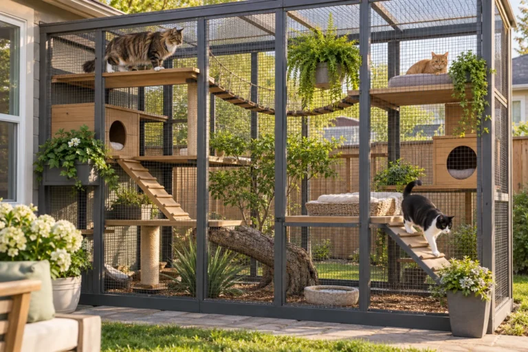 Tres gatos utilizan rutas y zonas de descanso separadas dentro de un catio amplio.