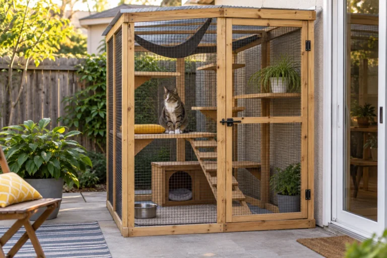 Catio compacto de madera con malla y varios niveles en un patio.