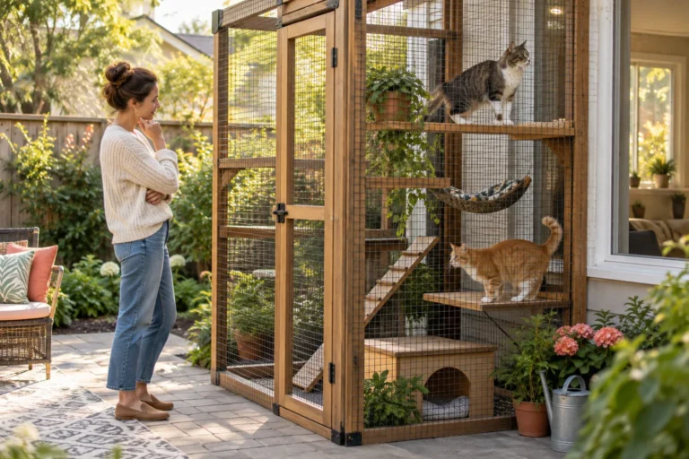 Dos gatos utilizan distintos niveles de un catio de madera en un patio.