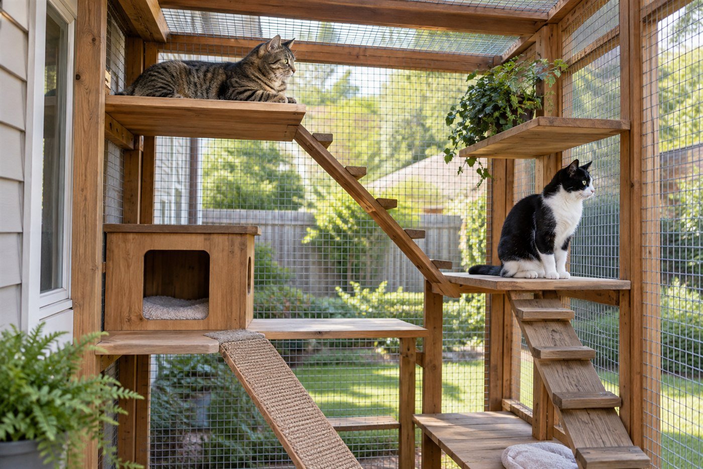 Catio para dos gatos: niveles, rutas y zonas de retiro