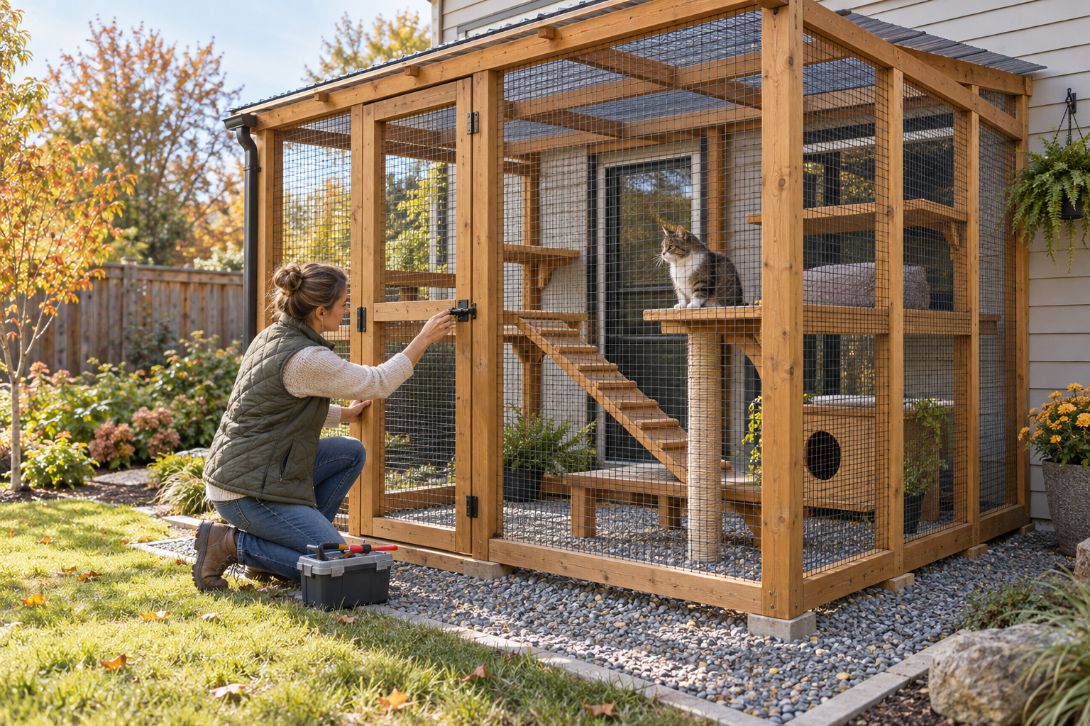 Persona revisando el pestillo y la estructura de un catio de madera durante el mantenimiento de otoño.